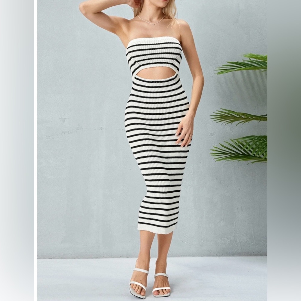 Black and White Striped Strapless Dress